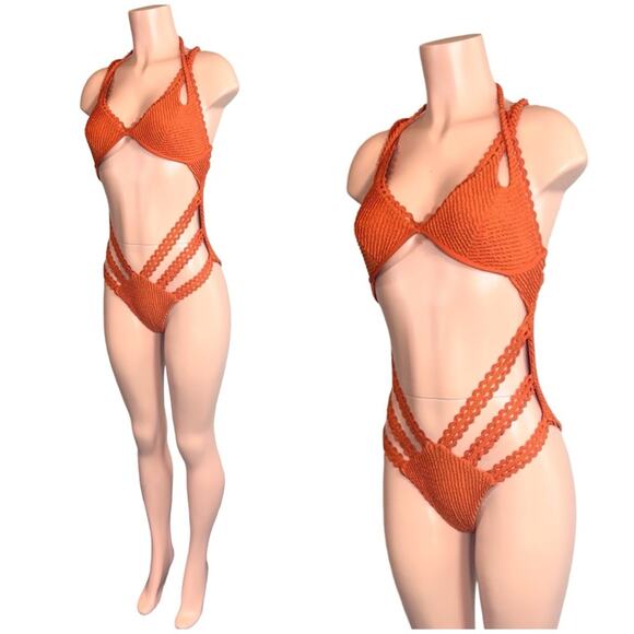Despi Textured Burnt Orange Halter Underwire One Piece SZ L $198 - Picture 5 of 14